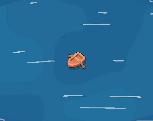 The starter boat bobbing on a dark blue pixel-art sea